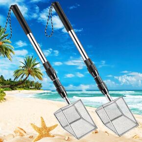 4Pack Shark Tooth Sifter ، مغرفة قذيفة للشاطئ مع أكياس الصدف ، وأداة مجرفة قابلة للتراجع الطويلة الرمال للبالغين والأطفال ، ومغرفة أسنان القرش لالتقاط الأصداف والصخور