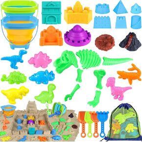 ألعاب الشاطئ ، 34pcs ألعاب الرمال الرملية للديناصورات المقدمة للأطفال الصغار ، ألعاب الرمل مع دلو شاطئية قابلة للطي ، حقيبة شبكية ، مجموعة ألعاب القلعة ، قوالب رملية ، لعبة شاطئية قابلة للطي للأطفال الذين تتراوح أعمارهم بين 3 و 12 عامًا