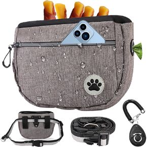 6 Cups Crossover Design Dog Treat Pouch with Dog Clicker, Treat Pouches for Pet Dog Training,Self-Closing Dog Treat Bag for Dog Walks,Built-in Poop Bag Dispenser, 46“ Waist Belt,oxford Fabric(Grey)