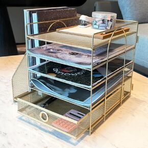 5-Tier Paper Letter Organizer with File Holder, Desk Organizer with Drawer, Mesh Desktop Storage with Magazine Holder for Office Supplies (Golden)