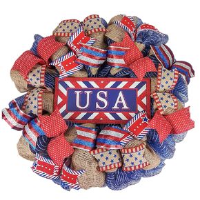 Burlap USA Fourth of July Wreath | 4th of July Door Wreath | Rustic Red White Navy Blue Flag Decoration | Patriotic Decor