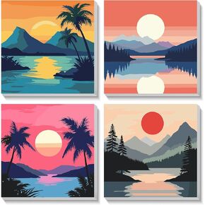 Heibago Framed Paint by Numbers Kit for Kids ، 4 Pack Beach Paint by Numbers for Kids Ages of Age 8-12 ، Sunset Paint by Numbers Kits Beginner ،