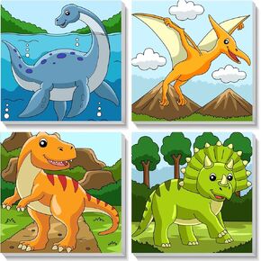 4Pack Dinosaur Paint حسب الرقم للأطفال الذين يعانون من إطار خشبي ، و 4 Dinosaurs Canvas Paints حسب عدد القماش ، وهدايا الديناصورات للأطفال سهلة الطلاء مع أرقام أرقام الطلاء بالزيت DIY لديكور الجدار المنزلي للمنزل