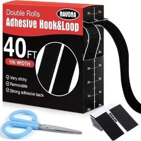 40Ft x 1 Inch Hook and Loop Strips with Adhesive, Double Rolls of Heavy Duty Self Adhesive Tape with Backing, Nylon Self Adhesive Tape for Home Office School and Crafting,Black