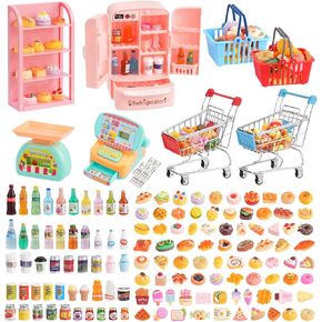 165Pcs Mini Shopping Cart Basket Miniature Food Drink Toy Supermarket Metal Handcart Shelves Cash Register Fridge Food Scale Trolley Dollhouse Store Grocery Accessories Kitchen Play Game Party Model