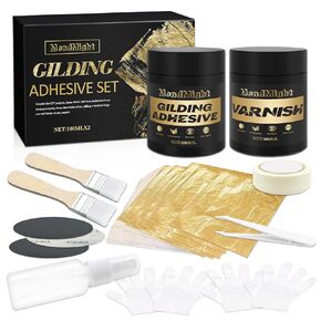 Gold Leaf Gilding Adhesive Kit, 100ml Water-Based Gold Leaf Glue &100ml Water-Based Varnish, 100pcs Gold Leaf Sheets for Gold Foil Art, DIY Craft Projects and Paintins
