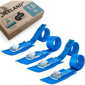 valonic Iceland - tie Down Straps with Protection pad, 4 Pieces, 20 ft x 1 inch, 1100lbs, cam Buckle, TÜV Rheinl. Certified, Blue, Lashing Straps for roof Rack, Kayak, Bike, car
