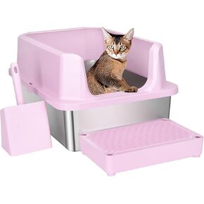 RIZZARI Stainless Steel Cat Litter Box, Odorless Enclosed Litter Box with Top Holes, Large Litter Pan for Small to Large Sized Cats (Pink, 23.8" L*15.9" W*16.1" H)