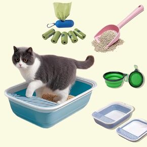 9PCS-Collapsible Kitten Litter Box,Open Cat Potty Pan with Scoop Foldable,Shallow Cat Toilet Anti-Splashing Low,Entrance Travel Litter Box with Falling Sand PedalBlue
