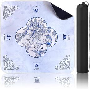 Mahjong Mat with Carrying Bag 32"x 32"Blue White Table Mat Anti-Slip Noise Reducing Table Cover for Mahjong, Poke Games, Dominoes, Card, Board Games Table Mat