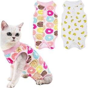 Cat Recovery Suit, 2 PCS Cat Surgical Recovery Suit Pet Cone E-Collar Alternative for Small Medium Pets, Banana and Donut, M
