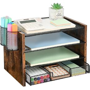 Opncie Desk Organizer Accessories ، منظم ملفات رسائل الورق ذات 4 مستويات مع درج و 2 حامل قلم ، مكاتب مكتب مساحة سطح المكتب سطح المكتب للوازم المكتبي (براون)