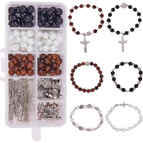 SUNNYCLUE 1 Box 276Pcs Rosary Cross Charms Round Cross Beads Beading Bracelets Making Kit DIY Synthetic Turquoise Beaded Adjustable Stretch Rosary Bracelet Kits Cross Beads Craft Kit Instruction