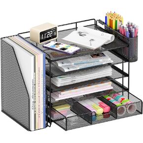 Desk Organizers and Accessories, 5-Tier Paper File Organizer with Drawer & Pen Holder, Office Desk Accessories Workspace Desktop Organizer for Office Supplies(Gold)