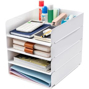 Desk Organizer, Office Organization and Storage, Plastic Letter Tray, Stackable File Organizer for Classroom, Home, Documents, Notes, Folders, Books and Pens, 4 Tier