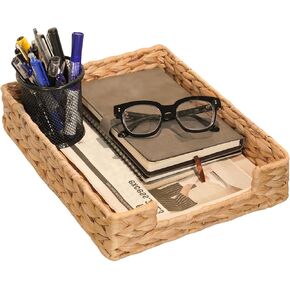 Pinxiury Water Hyacinth Trantray for A4 File Desk Mail-Size Paper ، منظم منسوجة سلة ، تخزين ملفات المجلات ، منظم وثيقة المكاتب والتخزين