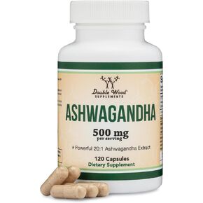 Ashwagandha Capsules 10,000mg Extra Strength, 120 Count (500mg Ashwagandha Extract 20:1 Potency, Equivalent to 10,000mg of Ashwagandha Powder) Adaptogen, Stress Relief Supplements by Double Wood
