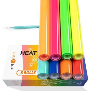 HTVRONT Neon Heat Transfer Vinyl Bundle - 8 Rolls 12in * 3ft Iron on Vinyl for T-Shirts, Green & Orange Neon HTV Easy to Cut & Weed, Compatible with Cricut or Silhouette Cameo