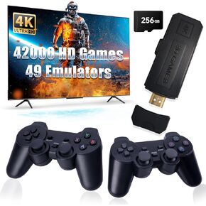 GWALSNTH 42000 Games in 1 Retro Game Stick,Wireless Mini Retro Game Console with 256GB SD Card,Built in 49 Emulators,Two 2.4GHz Bluetooth Wireless Controllers,1280*720 4K Full HD Output