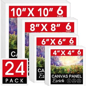 Esrich 24pack Canvas للطلاء ، 6pcs كل من لوحات 4 × 4 ، 6x6 ، 8x8 ، 10x10 من القماش للطلاء ، اللوازم الفنية من القماش الفارغ للبالغين والأطفال ، لوحة الرسم المسبق للاكريليك والزيت والألوان المائية