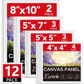 لوحات قماش Esrich للطلاء 12 حزمة فنية اللوازم الطلاء Canvas 4x4 ، 5x5 ، 5x7 ، 8x10 لوحة كبيرة فارغة لألواح القماش المسلحة للطلاء من أجل الأكريليك والزيت والغواش والغزى.