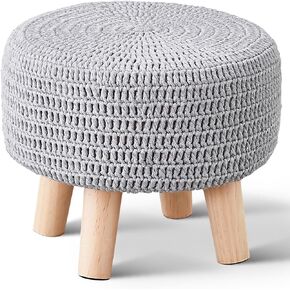 Wimarsbon Pouf Ottoman ، 100 ٪ من القطن المحبوكة بوهو ، مسند القدمين مع أرجل الخشب غير المنحدر ، ديكور المنزل المصنوع يدويًا ، براز خطوة أوقات الفراغ لغرفة المعيشة (بيج)