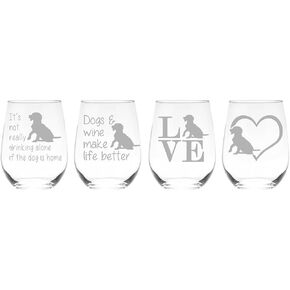 Dog Stemless Wine Glass Set - Dog Lover Gift for Women and Men - 4 Pieces