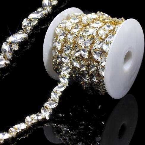 1 Yard Rhinestone Trim Chain Gold String Crystal Applique Fringe Ribbon Strips Beads Sewing Dress DIY Party Wedding Bouquet for Decoration Bridal Costume Embellishment in Kuwait