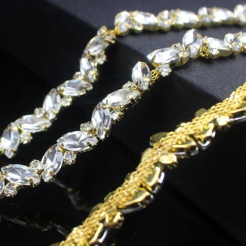 1 Yard Rhinestone Trim Chain Gold String Crystal Applique Fringe Ribbon Strips Beads Sewing Dress DIY Party Wedding Bouquet for Decoration Bridal Costume Embellishment in Kuwait
