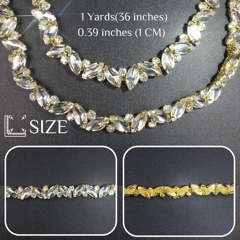 1 Yard Rhinestone Trim Chain Gold String Crystal Applique Fringe Ribbon Strips Beads Sewing Dress DIY Party Wedding Bouquet for Decoration Bridal Costume Embellishment in Kuwait