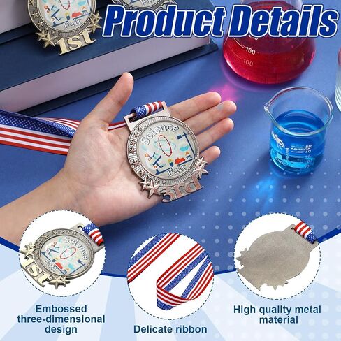 تونديامو 3 PCS Science Fair Project Medals 2.75 "Gold Silver Bronze Science 1st 2rd Place Place مع شريط الرقبة للتعليم المدرسي العلمي جائزة الأكاديمية جائزة هدية in Kuwait