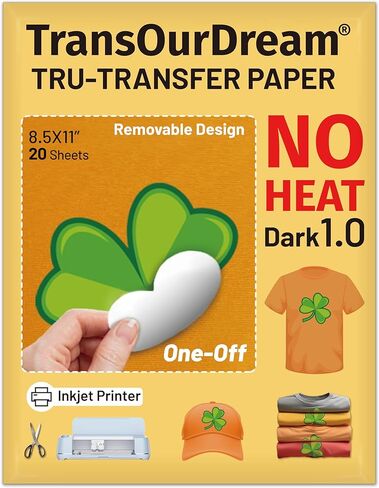TransOurDream NO Heat Transfer Paper for Dark T Shirts (20 Sheets, 8.5x11"), Printable Heatless Transfer Vinyl for Inkjet Printers, Removable Transfers for Dark Fabrics in Saudi Arabia