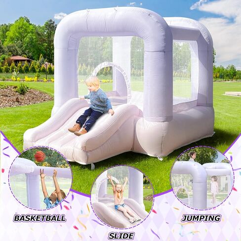 White Bounce House with Slide, 3-6 Kids, 8.33ft L x 5.4ft W x 6.17ft H, Indoor/Outdoor, Castle Theme in Saudi Arabia