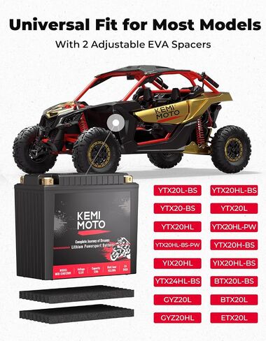 KEMIMOTO Lithium Motorcycle Battery YTX14-BS/YTX9-BS, LiFePO4 Lithium Battery 12v 6Ah, Full-Charged Powersports Battery, with 5 Universal-Fit EVA Spacers, Compatible with Motorcycle Lawn Mower ATV UTV in Saudi Arabia
