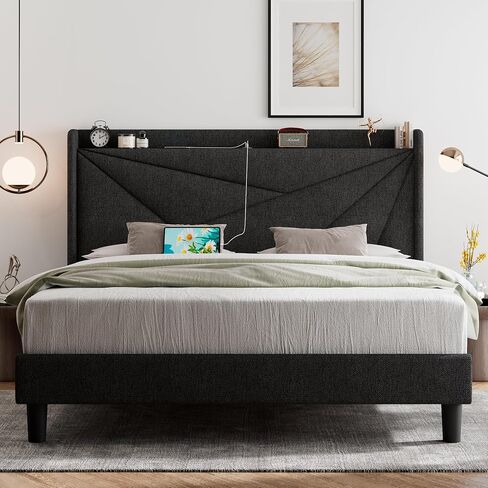 Feonase Full Size Bed Frame with Type-C & USB Ports, Upholstered Platform Bed Frame with Wingback Storage Headboard, Solid Wood Slats Support, No Box Spring Needed, Noise-Free, Charcoal Gray in Saudi Arabia