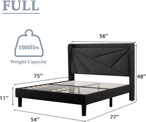 Feonase Full Size Bed Frame with Type-C & USB Ports, Upholstered Platform Bed Frame with Wingback Storage Headboard, Solid Wood Slats Support, No Box Spring Needed, Noise-Free, Charcoal Gray in Saudi Arabia