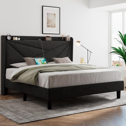 Feonase Full Size Bed Frame with Type-C & USB Ports, Upholstered Platform Bed Frame with Wingback Storage Headboard, Solid Wood Slats Support, No Box Spring Needed, Noise-Free, Charcoal Gray in Saudi Arabia