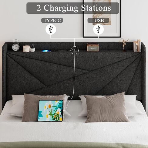 Feonase Full Size Bed Frame with Type-C & USB Ports, Upholstered Platform Bed Frame with Wingback Storage Headboard, Solid Wood Slats Support, No Box Spring Needed, Noise-Free, Charcoal Gray in Saudi Arabia