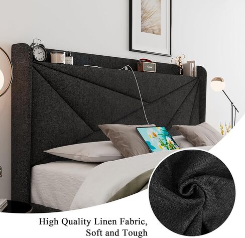 Feonase Full Size Bed Frame with Type-C & USB Ports, Upholstered Platform Bed Frame with Wingback Storage Headboard, Solid Wood Slats Support, No Box Spring Needed, Noise-Free, Charcoal Gray in Saudi Arabia