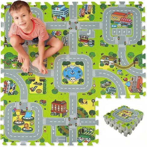 Skyweaver Traffic Play mat Puzzle Foam Interlocking Tiles – Kids Road Traffic Play Rug - Children Educational Playmat Rug - Interlocking Foam Tiles City Road Track Puzzle Mat (18Pcs) in Saudi Arabia