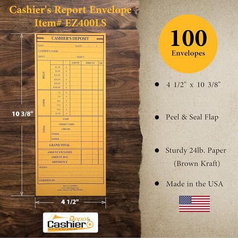 100 Cashier Depot EZ400WLS Cashier's Deposit Report Envelope For Hotels, Restaurants, Gas Stations & Retailers, 4 1/2" x 10 3/8", Sturdy 24lb. White Paper, Peel & Seal 100/Box… in Saudi Arabia