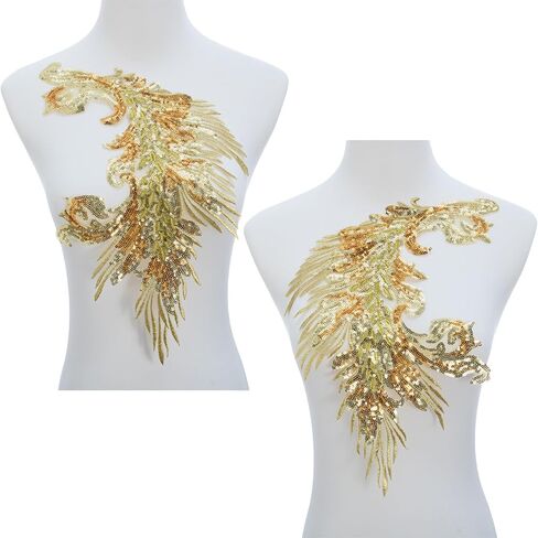 Pair Embroidery Phoenix Costume Sequin Appliques Patches, Peacock Feather Tail Applique Embellishments for Dance Dresses,Clothes,T-Shirt，Neckline Bodice Pants (Blue) in Saudi Arabia