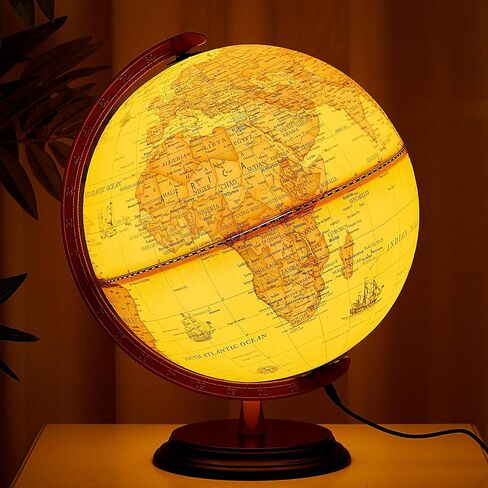 Amylove 13'' Illuminated World Globe with Stand 720°/360° Rotation Rewritable Light Up Globe for Kid World Map for Interactive Learning Light with Base Lamp LED Decor(Wood,Vintage) in Kuwait