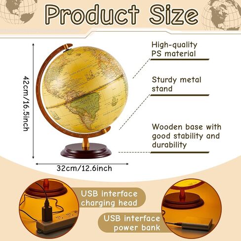 Amylove 13'' Illuminated World Globe with Stand 720°/360° Rotation Rewritable Light Up Globe for Kid World Map for Interactive Learning Light with Base Lamp LED Decor(Wood,Vintage) in Kuwait