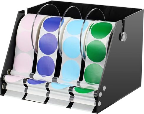 7 Disks Adjustable Label Dispenser Acrylic Sticker Roll Dispenser Label Roll Holder 11.8 x 6.7 x 5.5 Inch Multi Use Sticker Holder Organizer Stand for School Gifts and Home Office Desktop in Kuwait