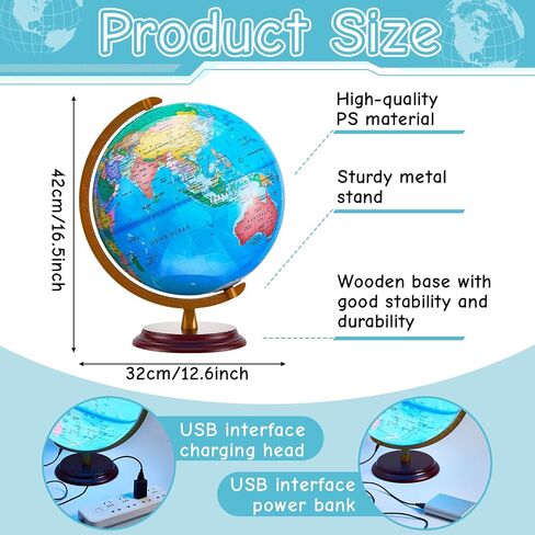Amylove 13'' Illuminated World Globe with Stand 720°/360° Rotation Rewritable Light Up Globe for Kid World Map for Interactive Learning Light with Base Lamp LED Decor(Wood,Vintage) in Kuwait