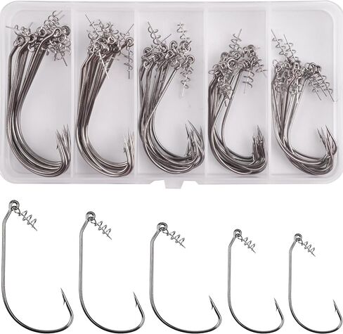 Twistlock Fishing Hooks - 50pcs Bass Fishing Worm Hooks with Centering Spring Pin Swimbait Hooks for Soft Plastics Lures Baits Saltwater Freshwater Size 1/0 2/0 3/0 4/0 5/0 in Saudi Arabia