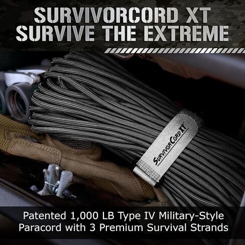 1000 LB SurvivorCord XT - Heavy Duty Paracord, 750 Type IV Military Grade with Kevlar Line, 25 lb Fishing Line, Waterproof Firestarter - Cordage for Camping. Thick Emergency Rope, 100 FT, Black in Kuwait