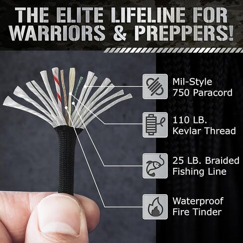 1000 LB SurvivorCord XT - Heavy Duty Paracord, 750 Type IV Military Grade with Kevlar Line, 25 lb Fishing Line, Waterproof Firestarter - Cordage for Camping. Thick Emergency Rope, 100 FT, Black in Kuwait