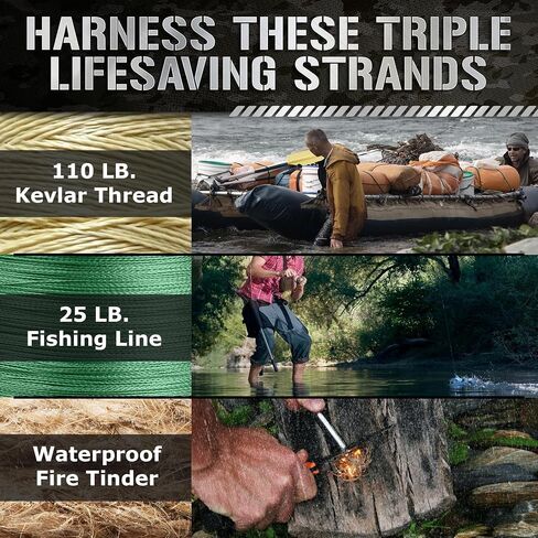 1000 LB SurvivorCord XT - Heavy Duty Paracord, 750 Type IV Military Grade with Kevlar Line, 25 lb Fishing Line, Waterproof Firestarter - Cordage for Camping. Thick Emergency Rope, 100 FT, Black in Kuwait